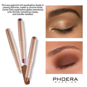 Three nude-toned PHOERA eye shadow sticks with swatches, plus close-up swatches on a model's eyes: top shows gold shimmer on the lid, bottom shows a warm brown smoky eye; PHOERA MAKE-UP logo at the bottom right.