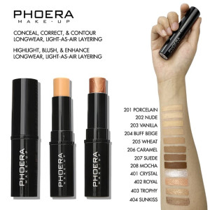 Phoera makeup promo showing three black-stick products with shade swatches on the right and a numbered shade list (201–404). Text highlights concealing, contouring and longwear formulas, with a hand holding a product at top right.
