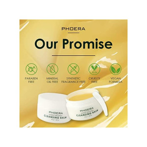 Phoera 'Our Promise' skincare packaging showing icons for paraben-free, mineral oil-free, fragrance-free, cruelty-free, vegan formula, with two cleansing balm jars on a yellow background.
