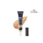 Tube of Phoera Pro Liquid Concealer in shade 204 Pure Beige with beige swatch behind it; full-coverage concealer product image.