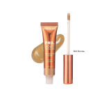Phoera Pro-Liquid Highlighter in Bronze (shade 304), with applicator wand and a gold swatch behind it.