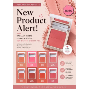 New Product Alert: Radiant Matte Powder Blush palette with eight swatches in pink tones, on a pink background.