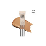 Tube of Sensitive Skin Serum labeled No. 04 Sand with a beige foundation swatch behind it, centered against a white background.