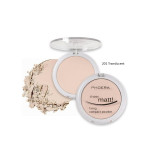 PHOERA translucent matt powder compact open with crushed powder on the side, white case and light beige powder pieces nearby