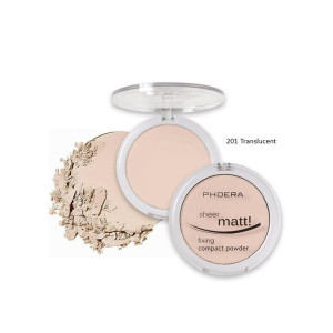 PHOERA translucent matt powder compact open with crushed powder on the side, white case and light beige powder pieces nearby