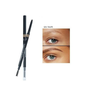 Dual-ended eyebrow pencil with spoolie in shade 101 Taupe, displayed beside a two-panel before/after eyebrow enhancement image.