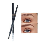Dual-ended eyebrow pencil in shade 102 Soft Brown beside a two-panel close-up of an eye showing brows before and after filling in the shape.