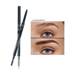 Dual-ended brow pen in 103 Dark Brown with spoolie beside a before-and-after eyebrow enhancement collage.
