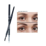 Eyebrow pencil with spoolie beside a before-and-after brow image, shade 104 Dark Brunette.