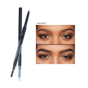 Eyebrow pencil duo with spoolie and clear cap, plus a before/after photo showing fuller, well-defined brows (105 BLACK).
