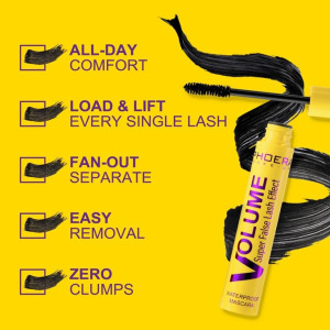 Bright yellow ad for a mascara product, listing benefits: all-day comfort, load & lift every single lash, fan-out separate, easy removal, zero clumps with a yellow tube labeled Volume Lash Effects Mascara.