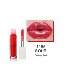 Liquid lipstick with wand applicator in bright cherry red, displayed beside a swatch and the text '116# SOUR Cherry Red'