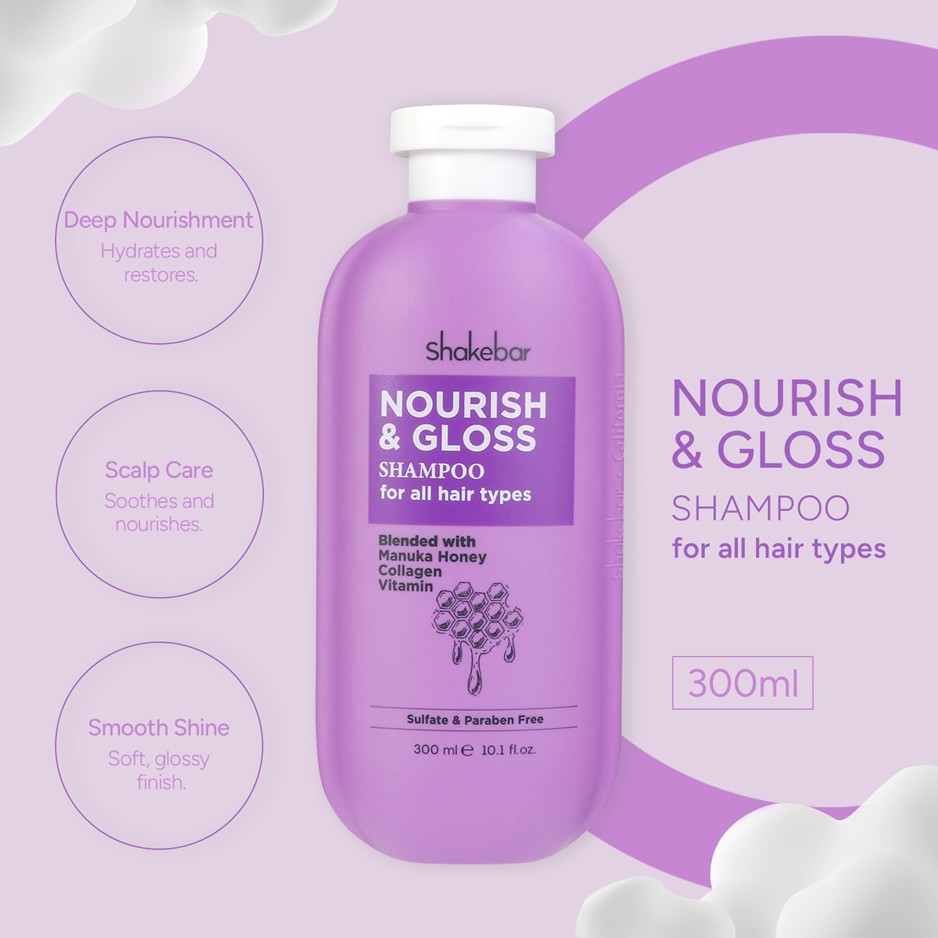 Shakebar Nourish & Gloss Shampoo 300ml - For All Hair Types with Honey, Collagen & Vitamins