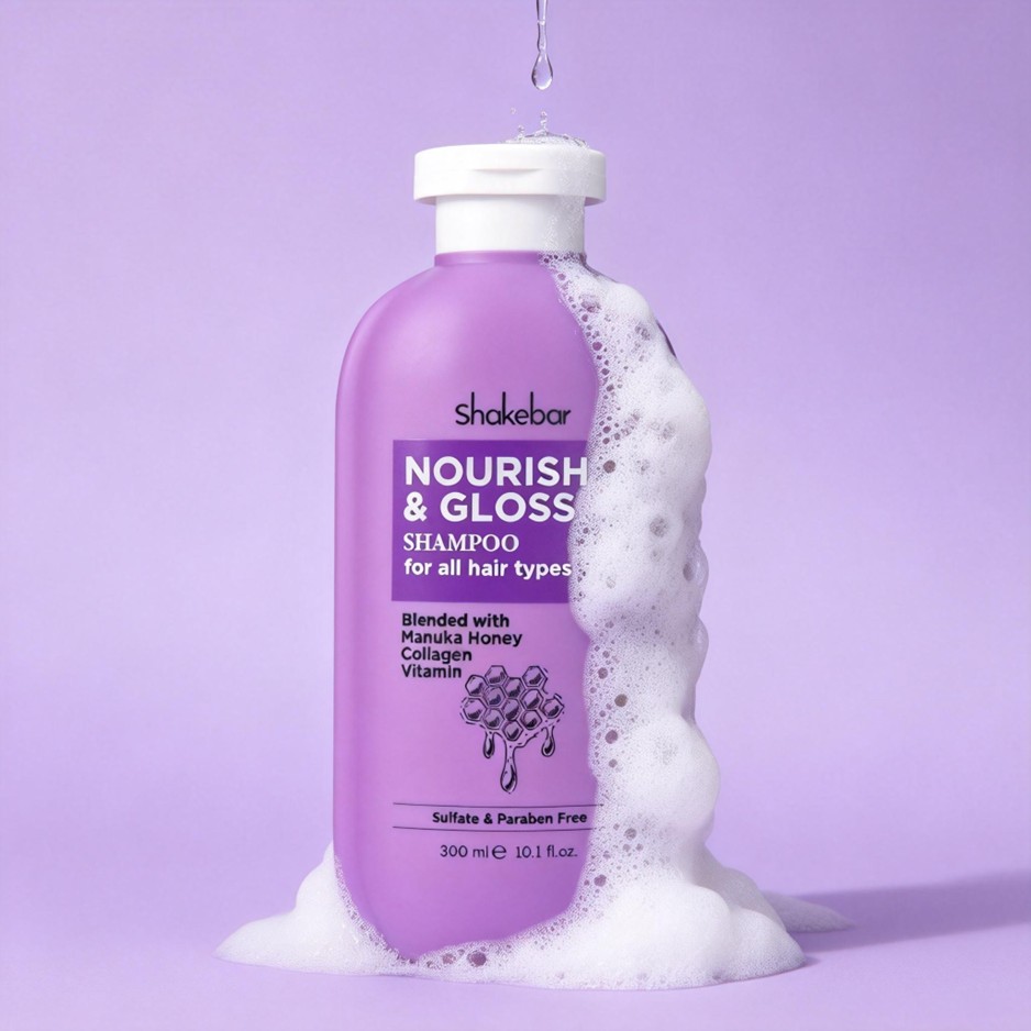 Shakebar Nourish & Gloss Shampoo 300ml - For All Hair Types with Honey, Collagen & Vitamins - Image 2