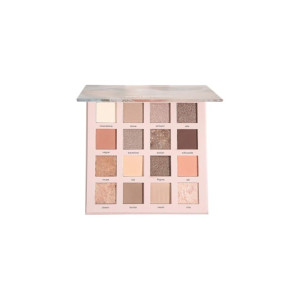 Pink-toned 16-shade eyeshadow palette, open case showing matte and shimmer neutrals.