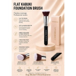 Flat Kabuki Foundation Brush on a pedestal with pink packaging, highlighting soft bristles and flawless coverage (beauty ad).