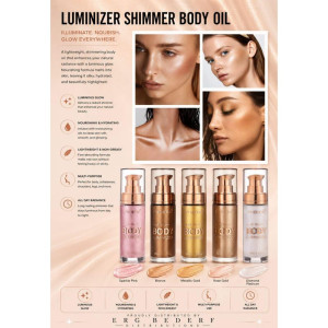 Advertisement for Luminizer Shimmer Body Oil showing five pump bottles and swatches on a peach background with close-up model photos illustrating glowing skin.