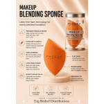 Infographic advertising a latex-free makeup blending sponge with a Phoera Make-Up jar on the right and features on the left side.