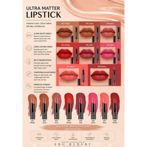 Ultra Matte Lipstick ad showing 12 shade swatches with names (301 Vibeke to 308 Marisa) and lipstick bullets on a peach background.