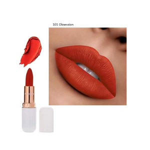Close-up of bright red lipstick on lips with a swatch and an open lipstick tube with a white cap (shade 101 Obsession).